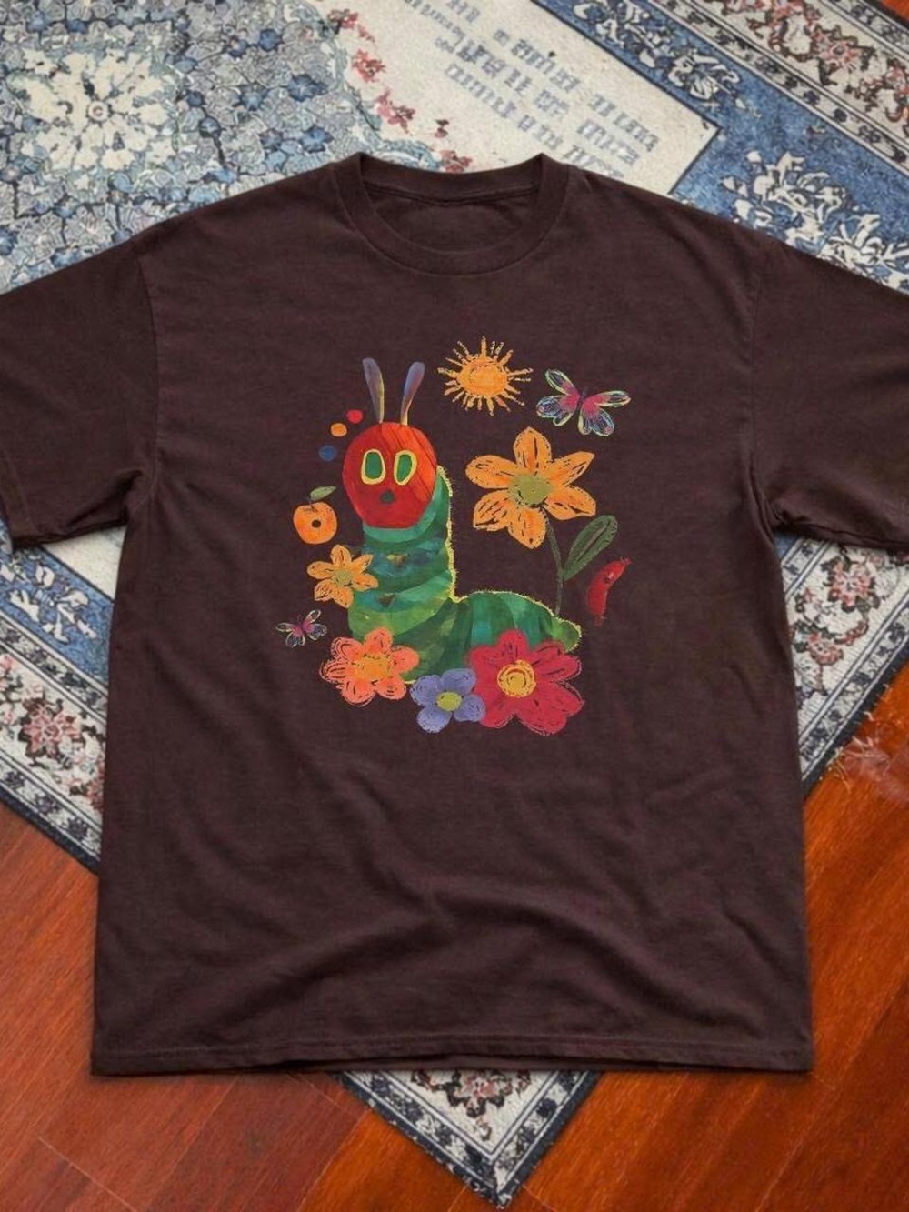 Gildan Brown Short Sleeve Tee with Colorful Caterpillar Graphic